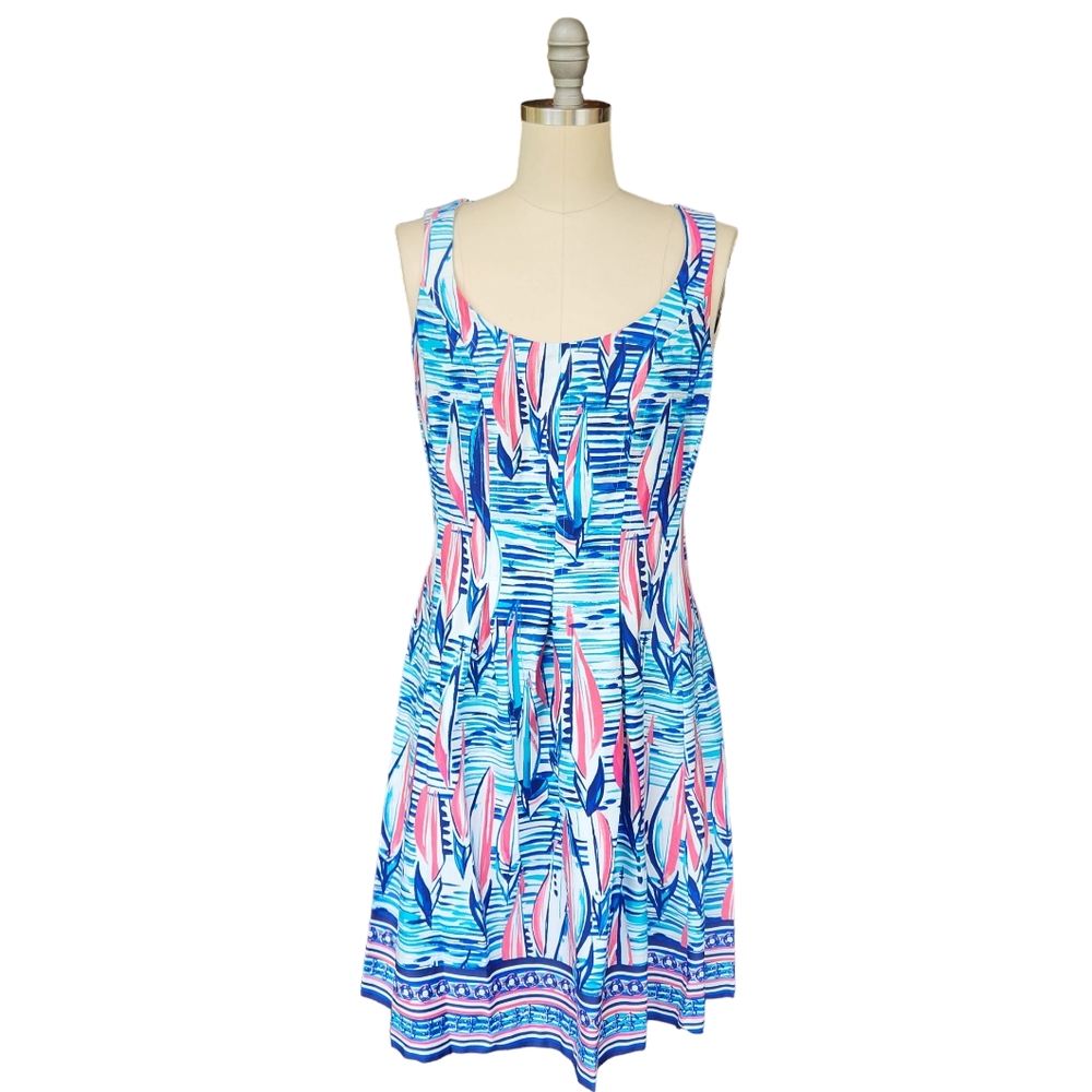 Pappagallo Bahama Blue Multi Sailboat Fit Flare Cotton Sleeveless Dress 4 S